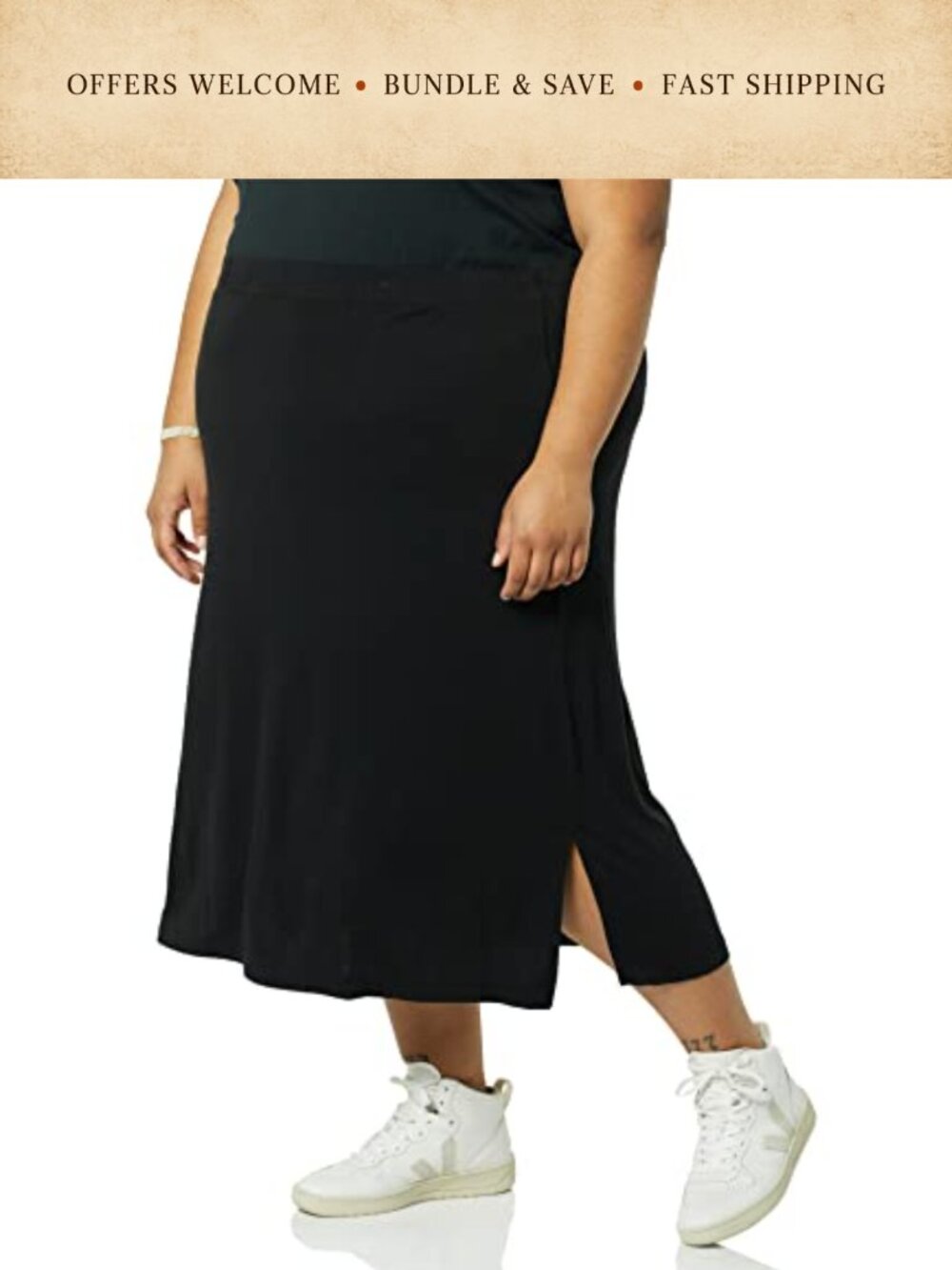 Pull-On Knit Midi Skirt with Side Slits, Elastic Waist, Rayon Stretch Jersey